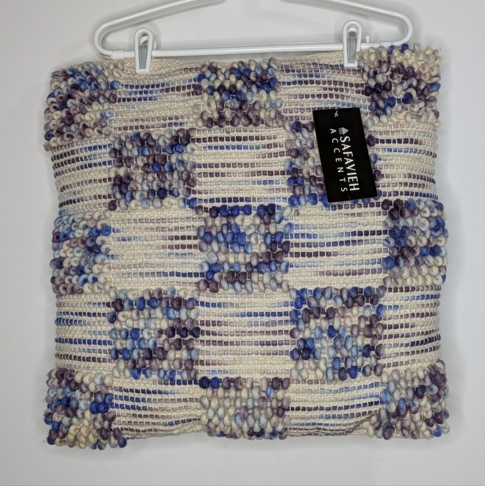 NWT Safavieh cream purple blue woven textured cotton & wool pillow 20x20